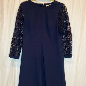 LOFT Petite Navy Dress with Lace Sleeves